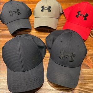 Under Armour Caps in Black, Red, and Tan